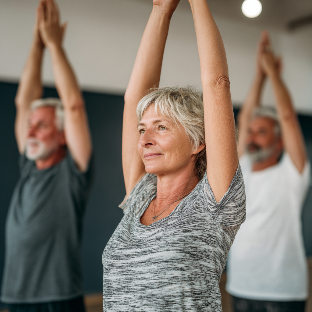 Middle-aged adults performing gentle stretching exercises in a calm studio environment